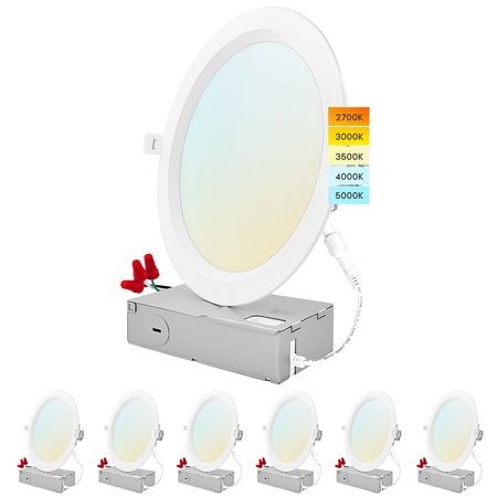 LUXRITE 8 Inch Ultra Thin LED Recessed Downlights 5 CCT Selectable 2700K-5000K 23W 1800LM Dimmable 6-Pack LR23733-6PK